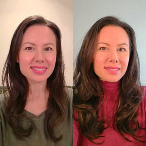 Before and After shot of a women with long brown hair wearing LUSHIERE OOMPH Clip in Hair Extensions in Chocolate Brown (trimmed to 16")