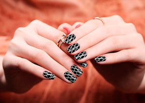 Image of manicured hands wearing nail wraps nail stickers in Brick Monochrome design