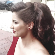 Image of customer with hair in up do wearing LUSHIERE clip in hair extensions in brunette colour #1c deep dark brown  